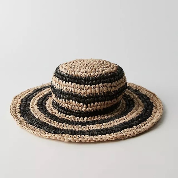 New Free People en el mar bingin Striped Black and Tan Straw Hat - Picture 2 of 10
